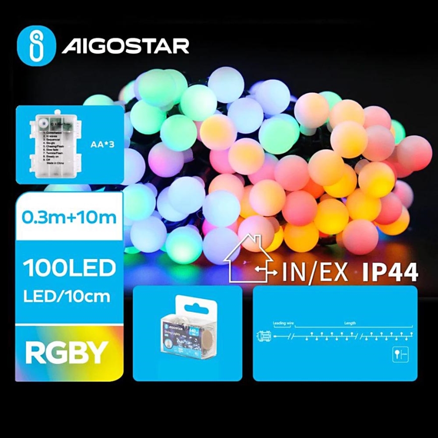 Aigostar - LED RGBY Χριστουγεννιάτικα λαμπάκια  εξωτερικού χώρου 100xLED/3xAA/8 λειτουργίες 10,3 m IP44