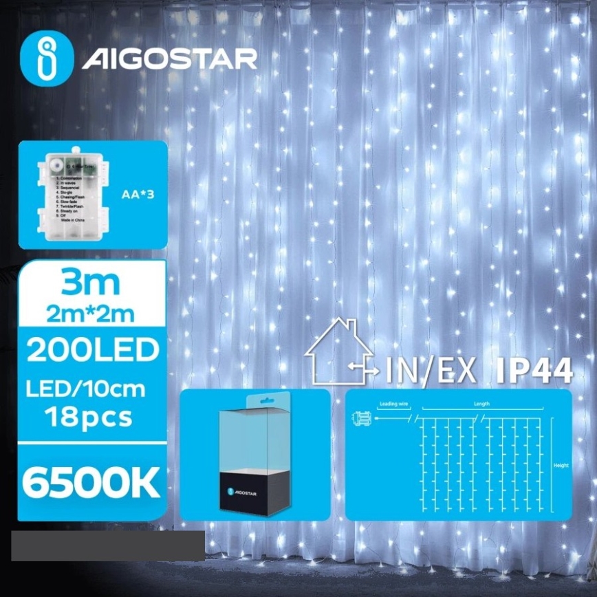 Aigostar - Χριστουγεννιάτικα λαμπάκια εξωτερικού χώρου LED 200xLED/8 λειτουργίες 3xAA 5x2m IP44 ψυχρό λευκό