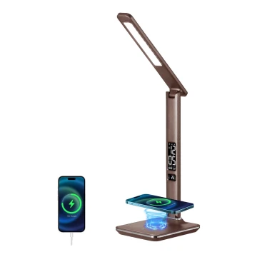 Brilagi - Επιτραπέζιο φωτιστικό LED ντιμαριζόμενο με ασύρματη φόρτιση QI και USB REGINA LED/8,5W/230V καφέ