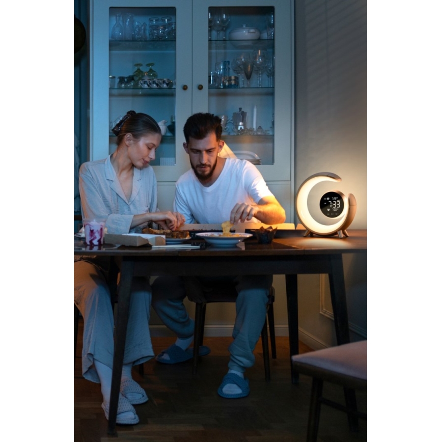 LED RGBW Dimmable επιτραπέζιο φωτιστικό με ξυπνητήρι LED/20W/5V USB ασημί