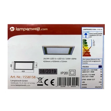 Lampenwelt - LED RGBW Dimmable φωτιστικό οροφής LYNN LED/29,5W/230V 2700-6500K + τηλεχειριστήριο