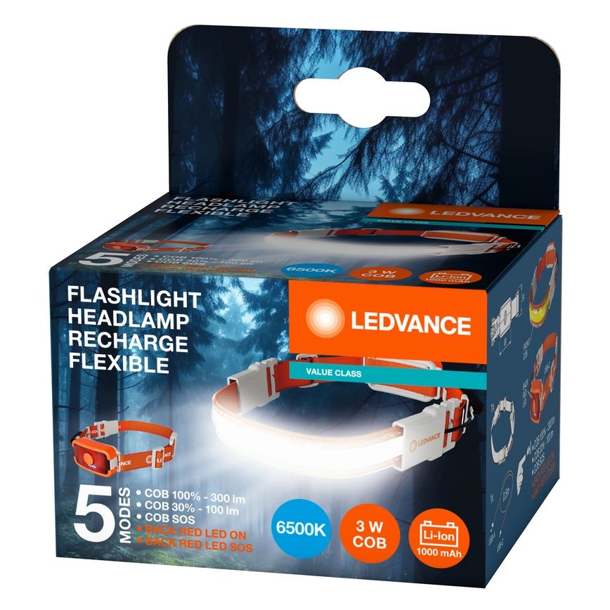 Ledvance - Επαναφορτιζόμενος φακός κεφαλής LED FLASHLIGHT LED/3W/5V 1000mAh