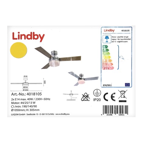Lindby - Ανεμιστήρας οροφής ALVIN 2xE14/40W/230V + τηλεχειριστήριο