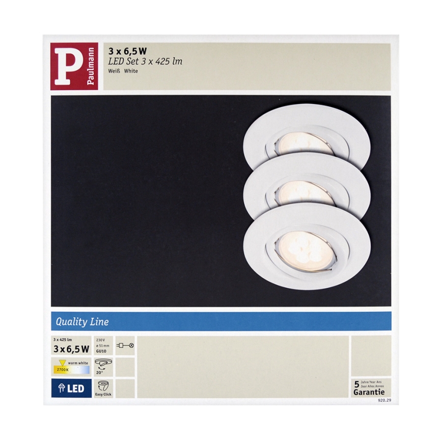 Paulmann 92029 - ΣΕΤ 3xLED-GU10/6,5W Χωνευτό φως QUALITY 230V