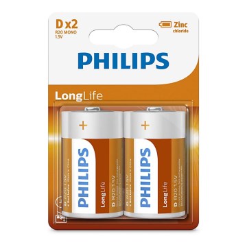 Philips R20L2B/10 - 2 τμχ Μπαταρία χλωριούχου ψευδαργύρου D LONGLIFE 1,5V 5000mAh