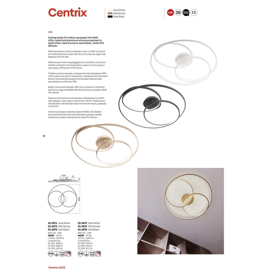 Redo 01-2973 - Φωτιστικό οροφής LED CENTRIX LED/92W/230V μπρονζέ