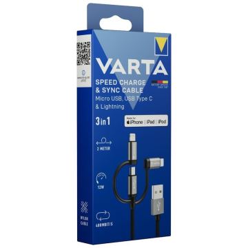 Varta 57937101111 - Καλώδιο USB 3σε1 με σύνδεσμο Lightning και Micro USB 2m