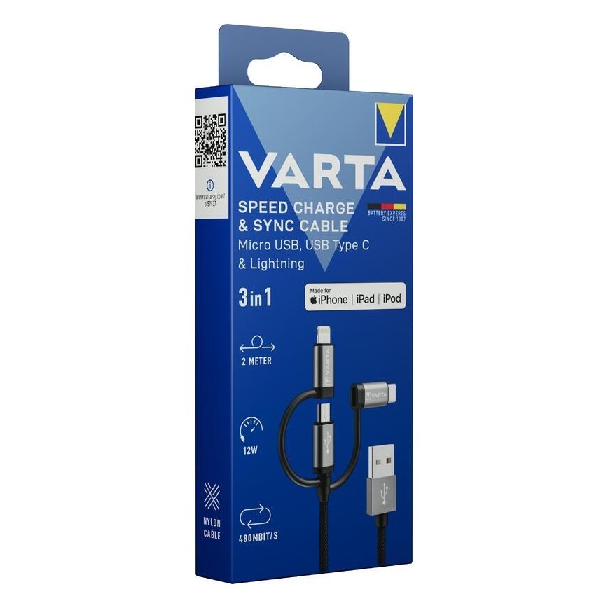 Varta 57937101111 - Καλώδιο USB 3σε1 με σύνδεσμο Lightning και Micro USB 2m