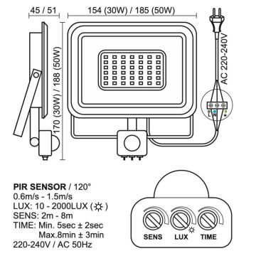 Εξωτερικός προβολέας LED με αισθητήρα LED/50W/230V 4000K IP44 μαύρο