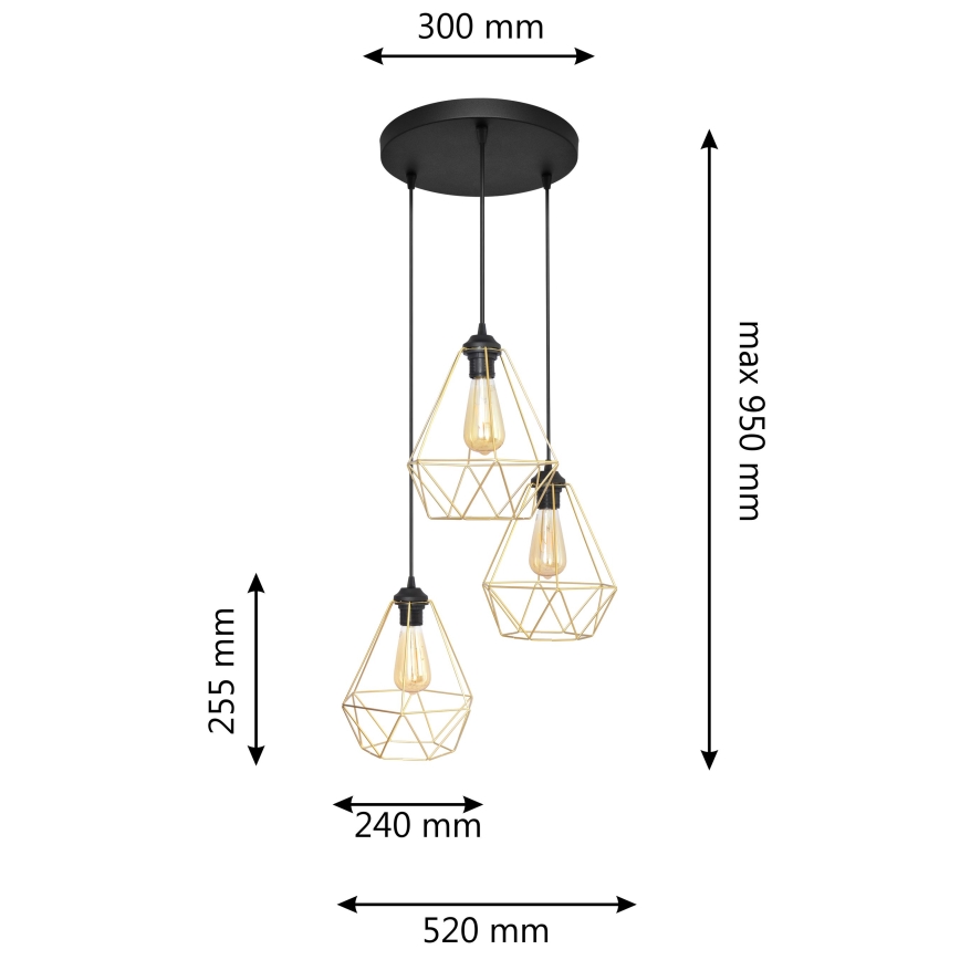 Κρεμαστό φωτιστικό οροφής τρίφωτο KARO 3xE27/60W/230V χρυσαφί/μαύρο