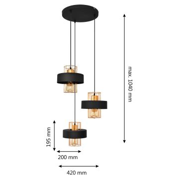 Κρεμαστό φωτιστικό οροφής τρίφωτο VOLTA 3xE27/60W/230V μαύρο/χρυσό