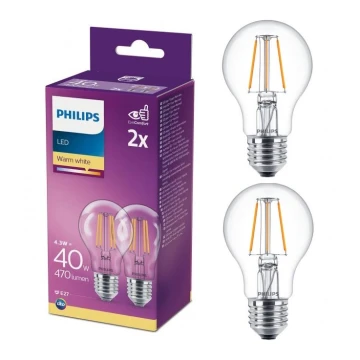 ΣΕΤ 2x Λάμπες LED VINTAGE Philips A60 E27/4,3W/230V 2700K
