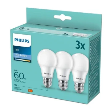 ΣΕΤ 3x Λάμπες LED Philips A60 E27/8W/230V 6500K
