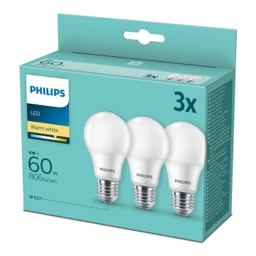ΣΕΤ 3x Λαμπτήρας LED Philips A60 E27/8W/230V 2700K